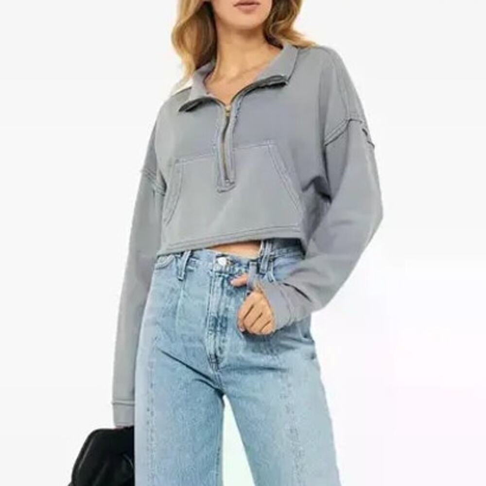 Free People We The Free Cropped Half Zip Sweatshirt XS Grey Mock Neck Pullover